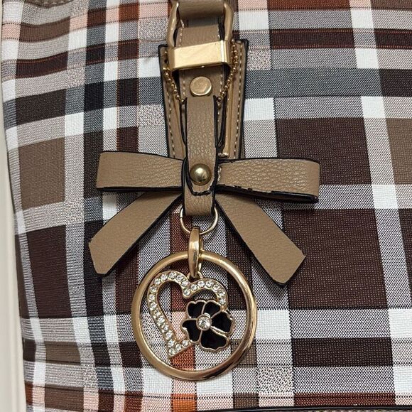 Kate Hill Brown Plaid Crossbody Shoulder Convertible Adjustable Handbag Purse - Picture 3 of 10